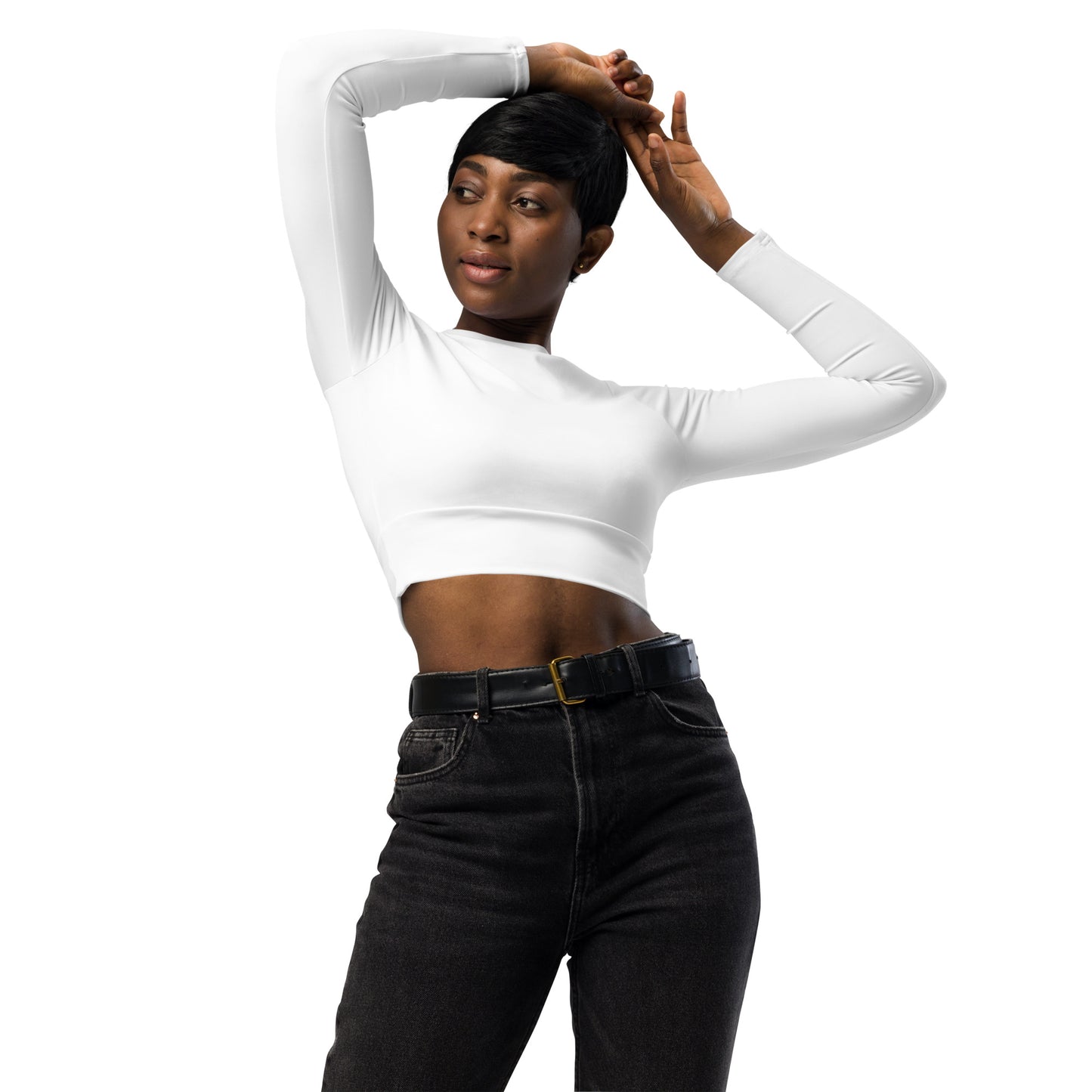 THE ESSENTIAL, SOFT STRETCH, LONG SLEEVE FITTED CROP TOP POWER WHITE