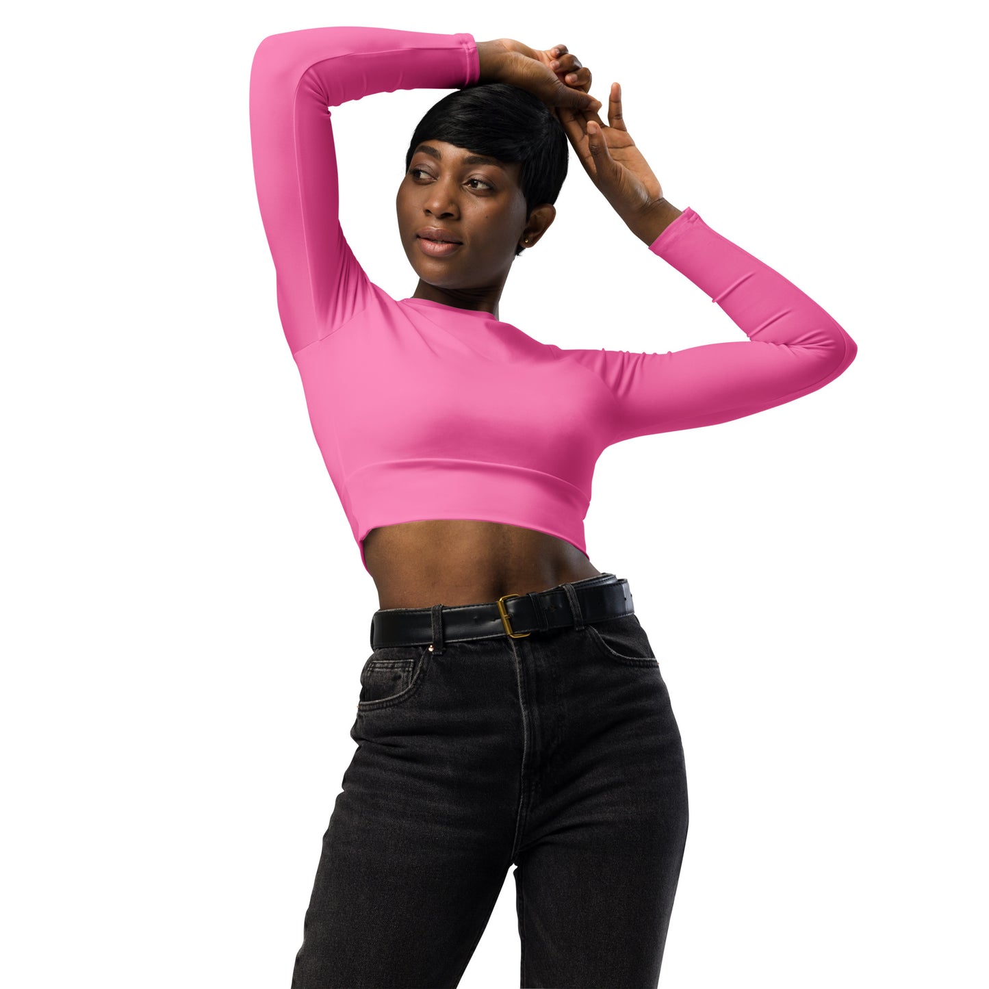 THE ESSENTIAL, SOFT STRETCH, LONG SLEEVE FITTED CROP TOP FLAMINGO PINK