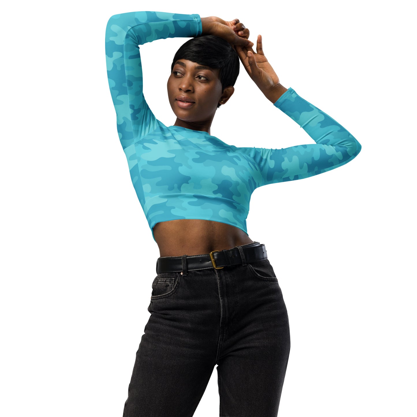 THE ESSENTIAL, SOFT STRETCH, LONG SLEEVE FITTED CROP TOP THE POWER OF TURQUOISE CAMO