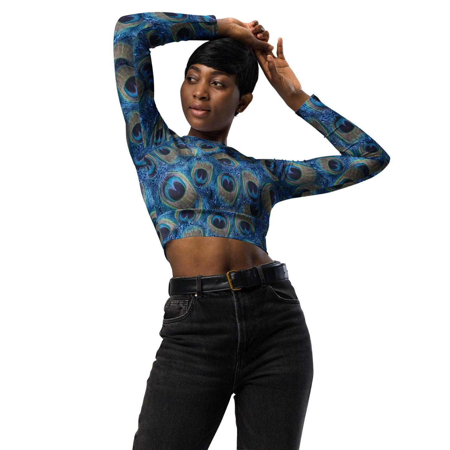 THE ESSENTIAL, SOFT STRETCH, LONG SLEEVE FITTED CROP TOP PRETTY AS A PEACOCK