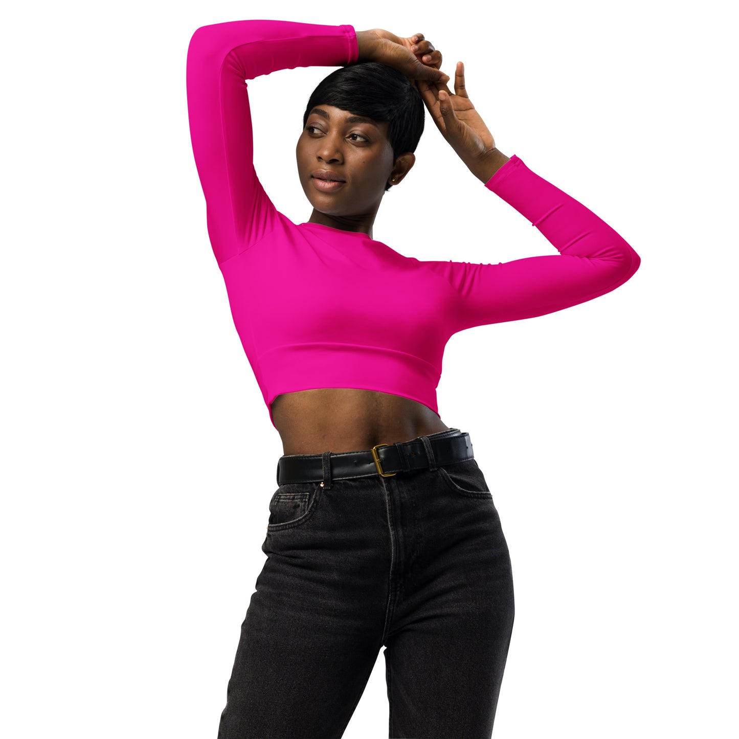 THE ESSENTIAL, SOFT STRETCH, LONG SLEEVE FITTED CROP TOP GS LOGO POWER PINK