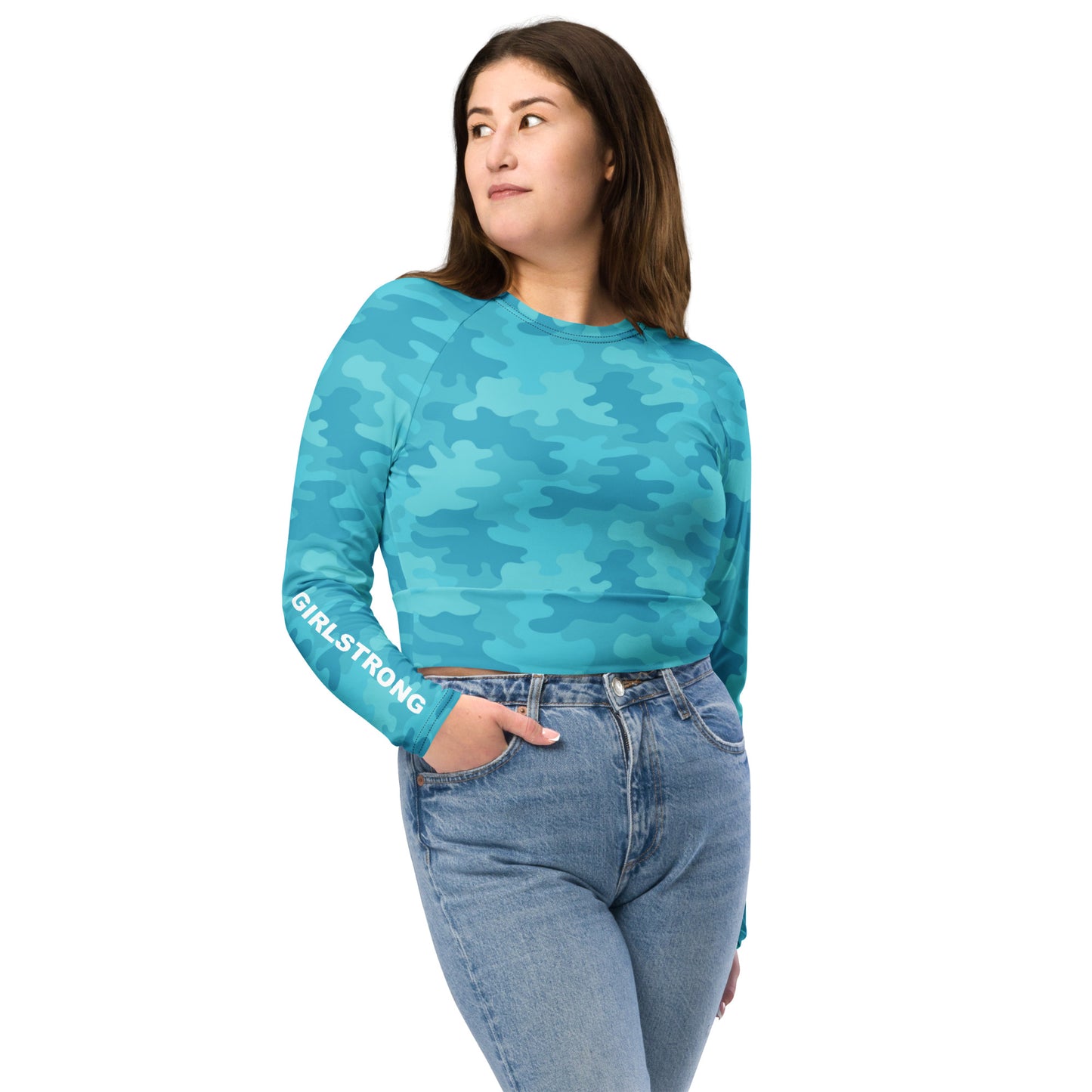 THE ESSENTIAL, SOFT STRETCH, LONG SLEEVE FITTED CROP TOP THE POWER OF TURQUOISE CAMO