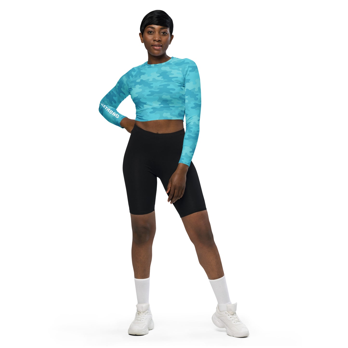 THE ESSENTIAL, SOFT STRETCH, LONG SLEEVE FITTED CROP TOP THE POWER OF TURQUOISE CAMO