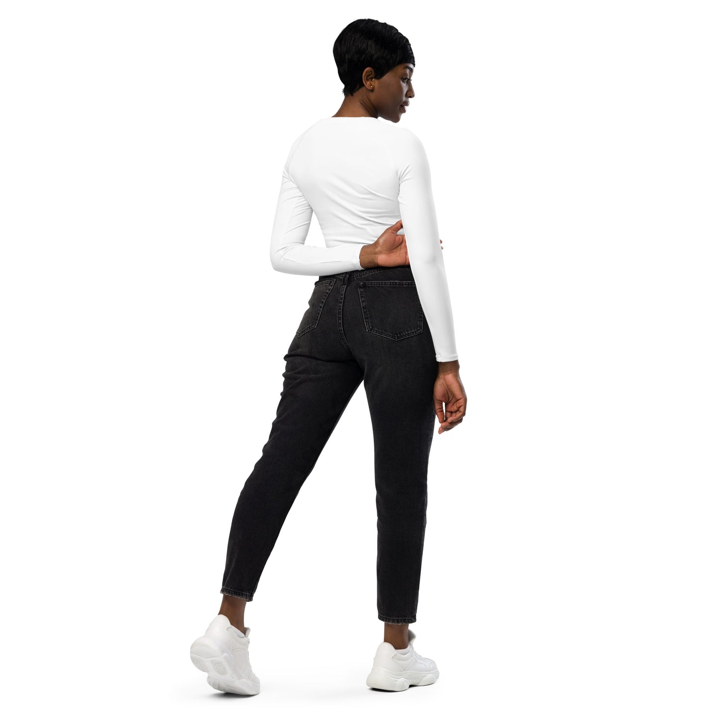 THE ESSENTIAL, SOFT STRETCH, LONG SLEEVE FITTED CROP TOP POWER WHITE