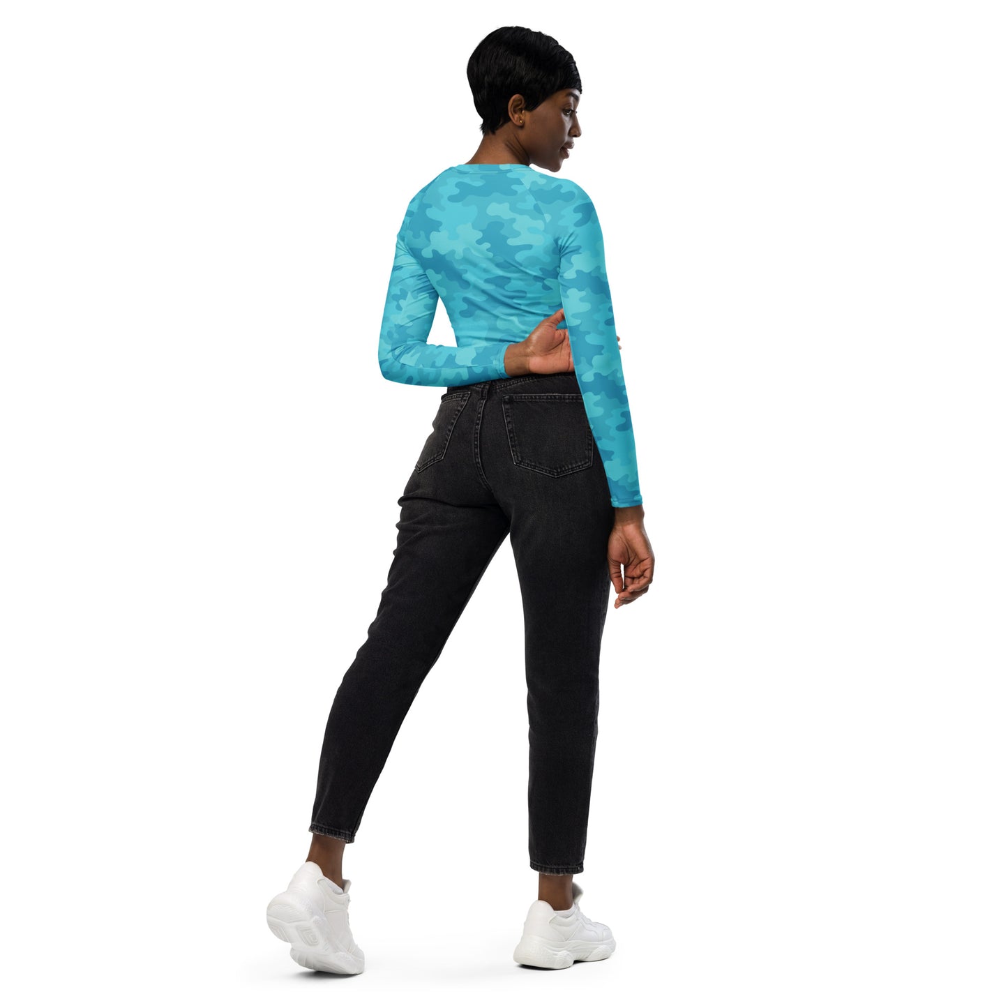 THE ESSENTIAL, SOFT STRETCH, LONG SLEEVE FITTED CROP TOP THE POWER OF TURQUOISE CAMO