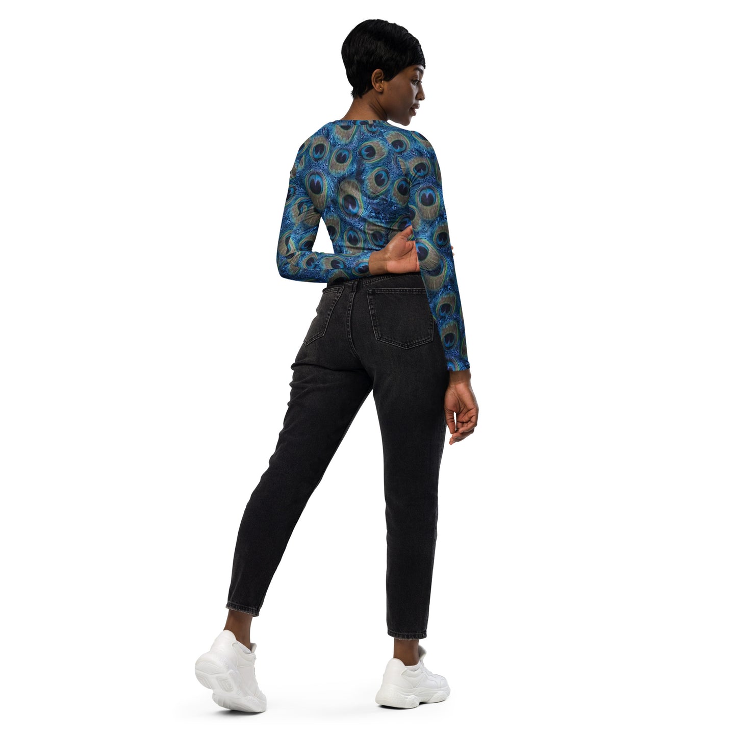 THE ESSENTIAL, SOFT STRETCH, LONG SLEEVE FITTED CROP TOP PRETTY AS A PEACOCK