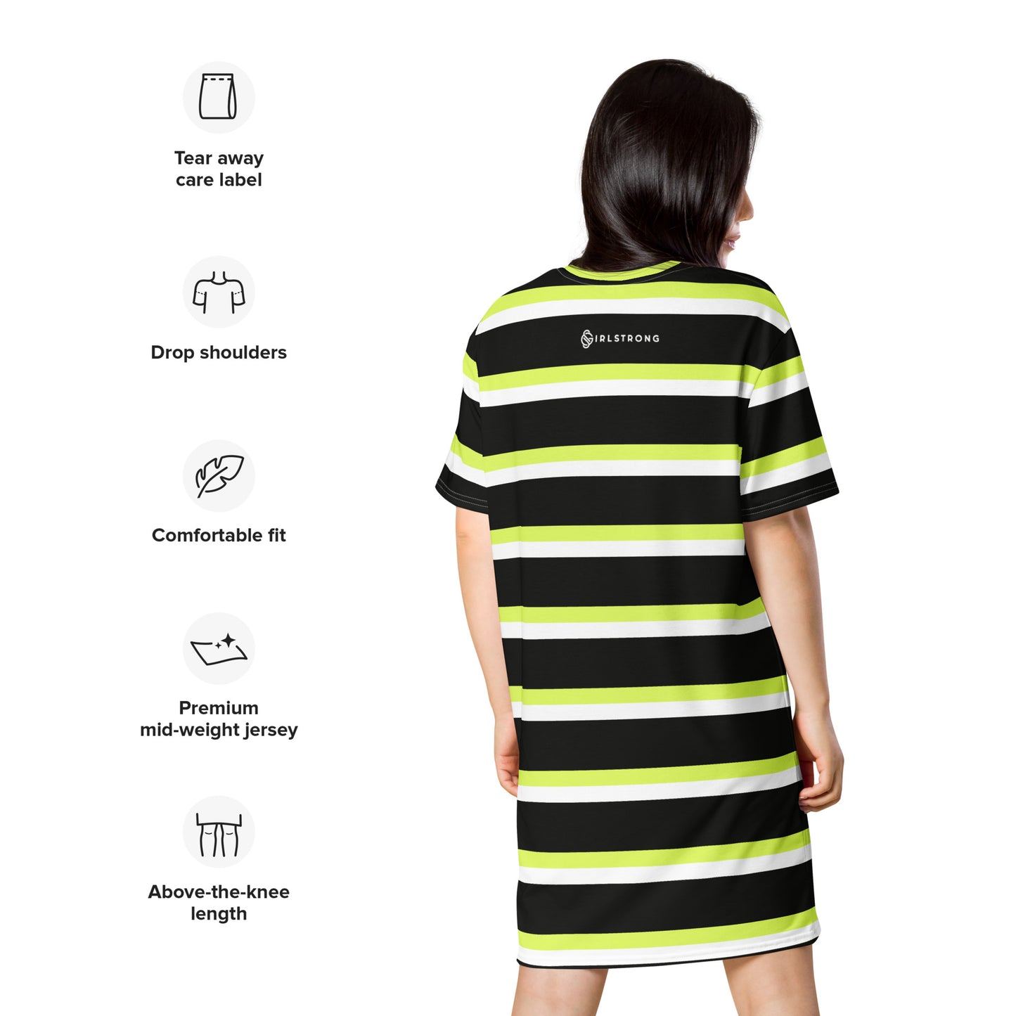 GIRLSTRONG SPORT T-SHIRT DRESS BLACK, WHITE & GREEN STRIPES