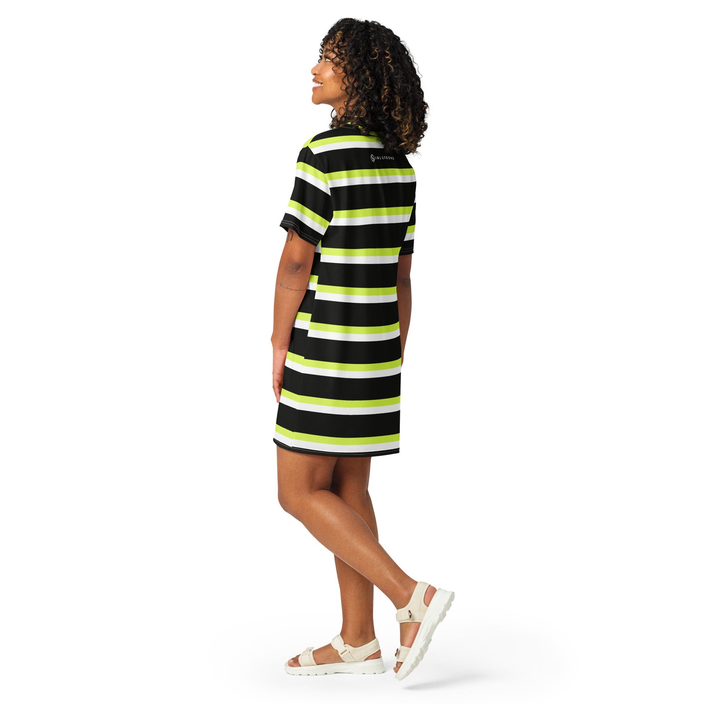 GIRLSTRONG SPORT T-SHIRT DRESS BLACK, WHITE & GREEN STRIPES