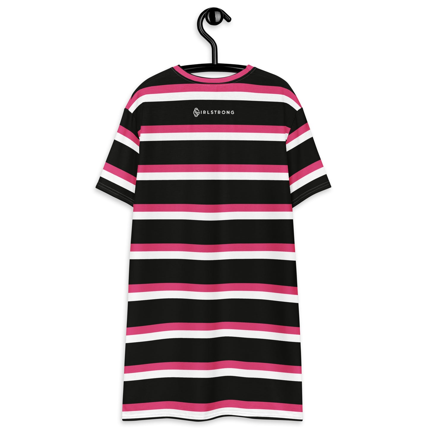 GIRLSTRONG SPORT T-SHIRT DRESS BLACK, PINK & WHITE SRIPES