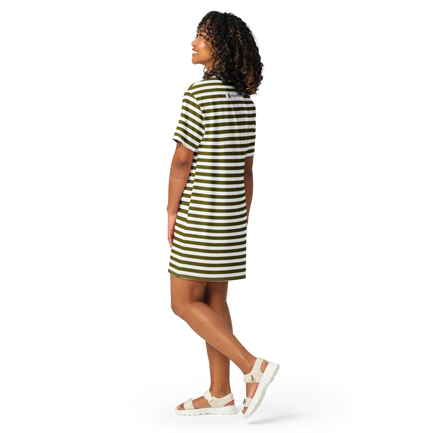 GIRLSTRONG SPORT T-SHIRT DRESS WHITE GREEN STRIPES