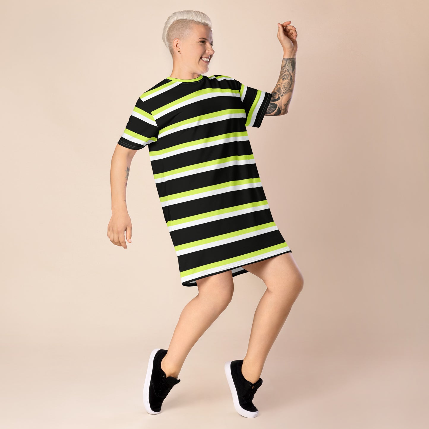 GIRLSTRONG SPORT T-SHIRT DRESS BLACK, WHITE & GREEN STRIPES
