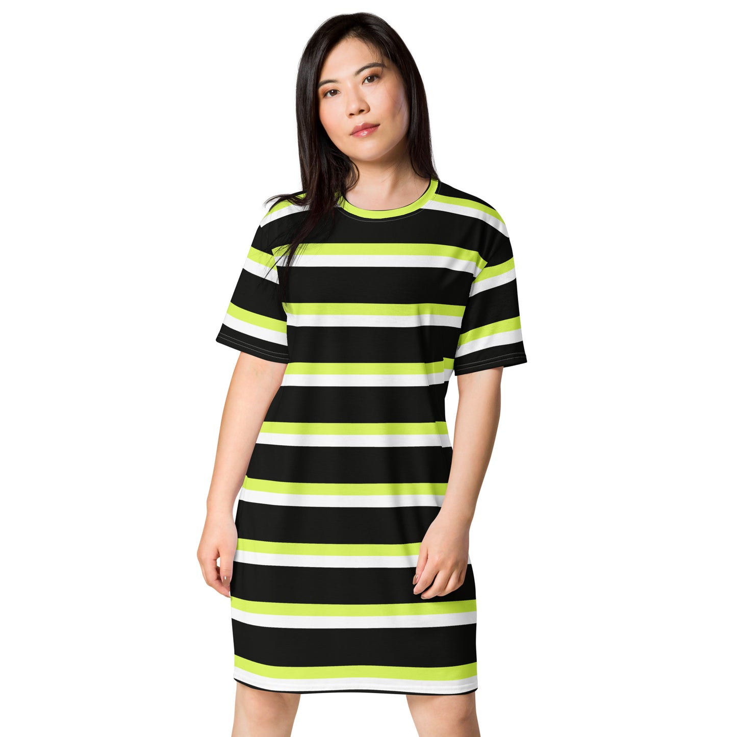GIRLSTRONG SPORT T-SHIRT DRESS BLACK, WHITE & GREEN STRIPES