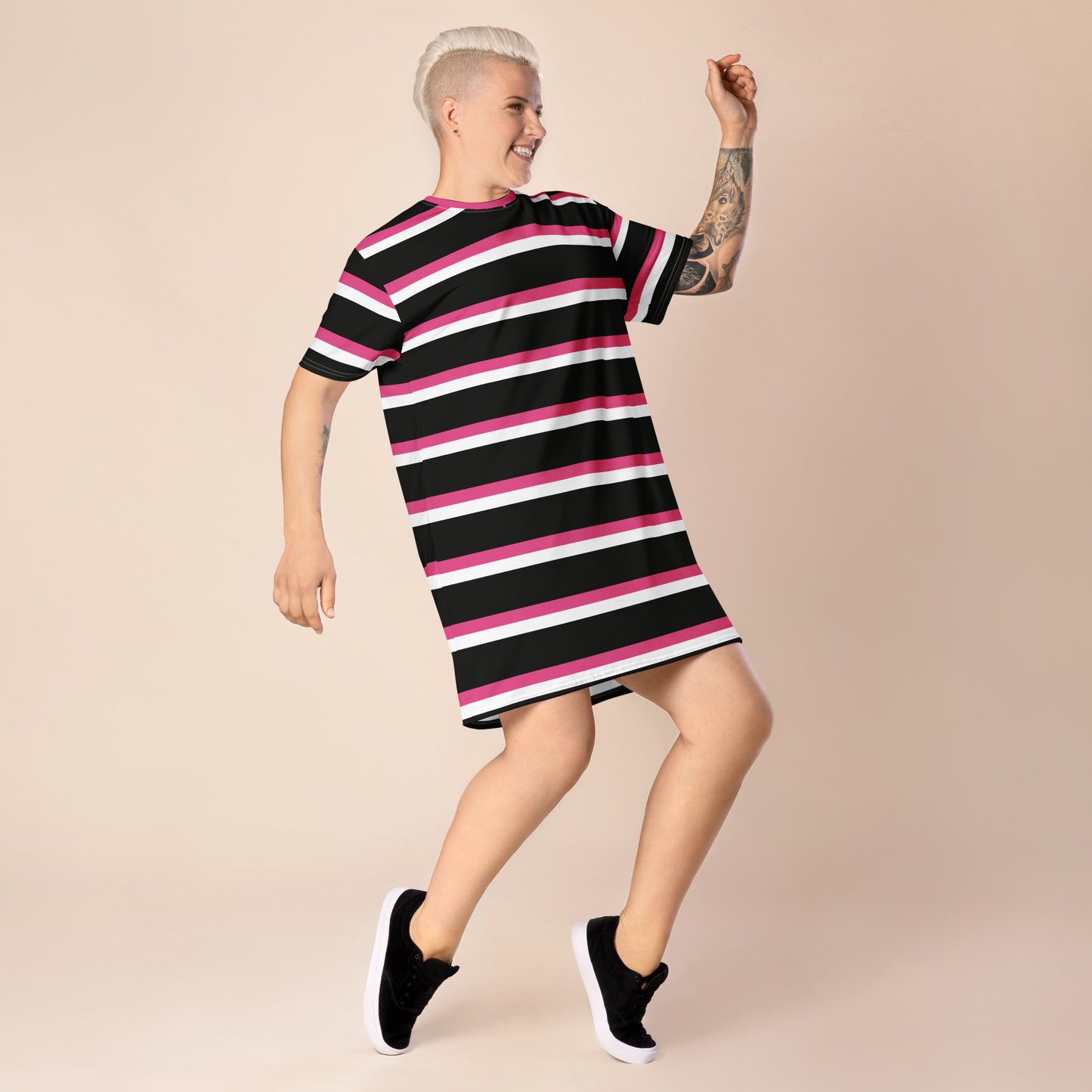 GIRLSTRONG SPORT T-SHIRT DRESS BLACK, PINK & WHITE SRIPES