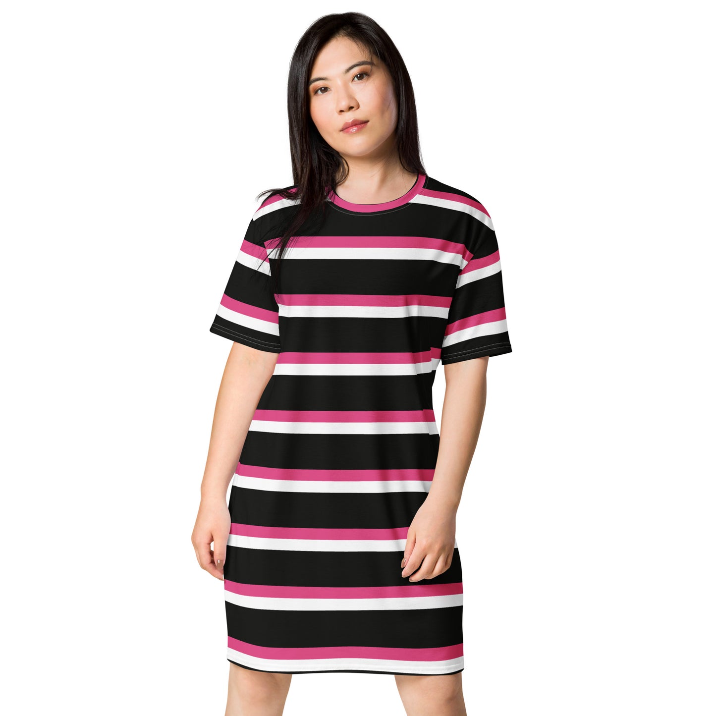 GIRLSTRONG SPORT T-SHIRT DRESS BLACK, PINK & WHITE SRIPES