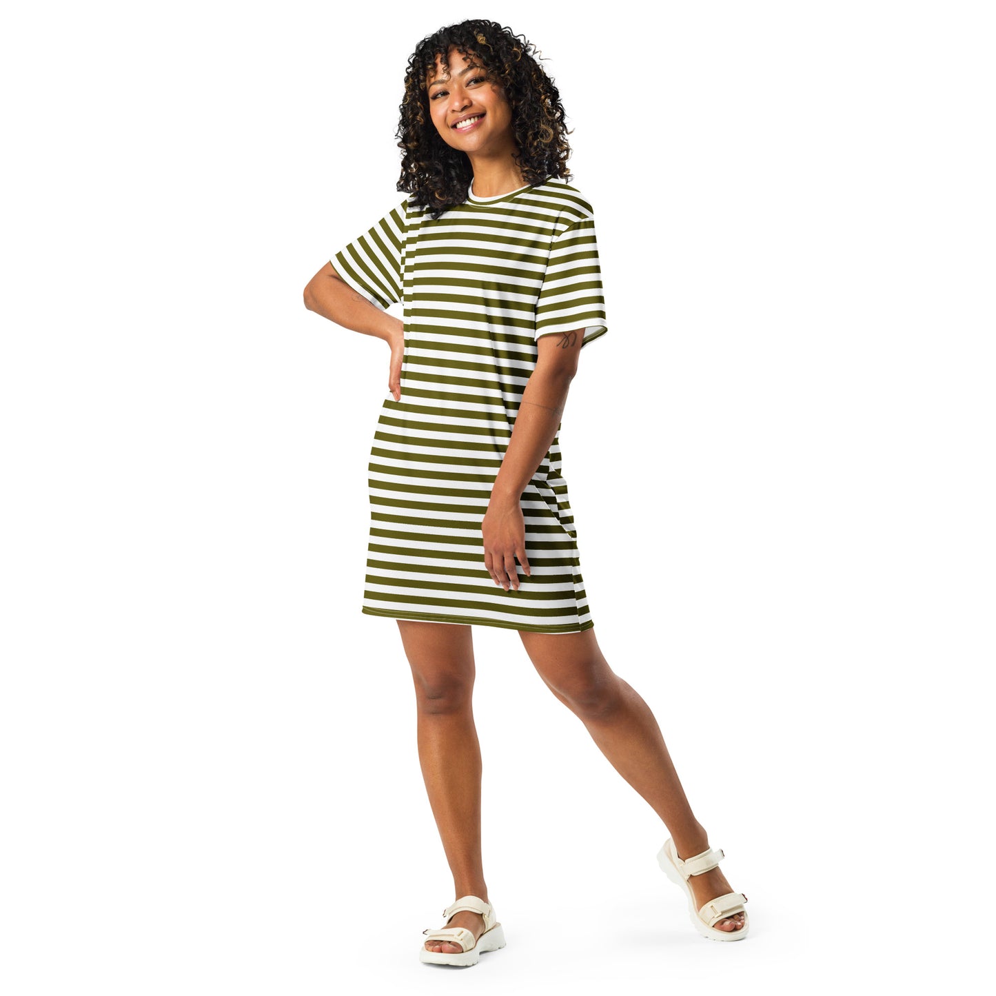 GIRLSTRONG SPORT T-SHIRT DRESS WHITE GREEN STRIPES