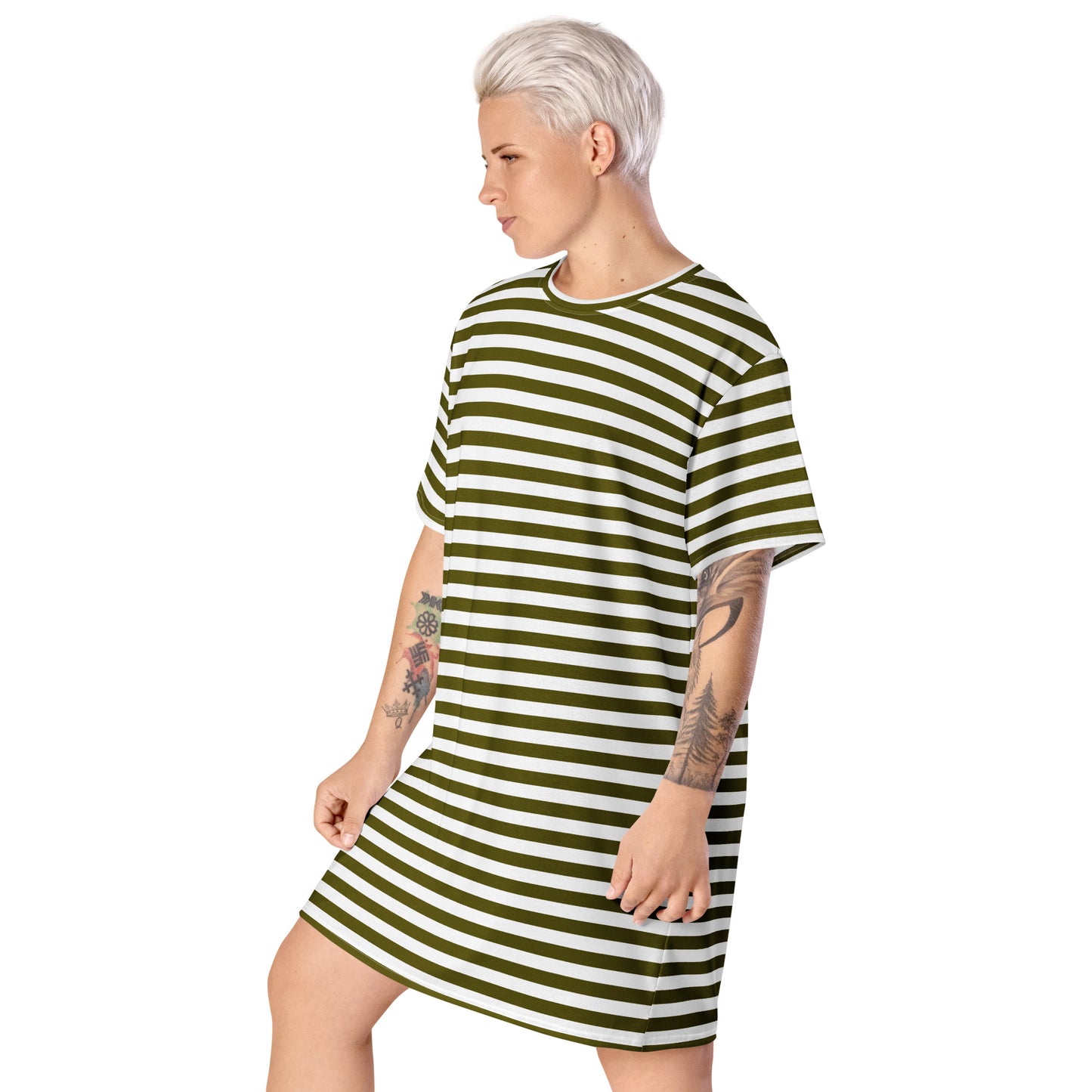 GIRLSTRONG SPORT T-SHIRT DRESS WHITE GREEN STRIPES