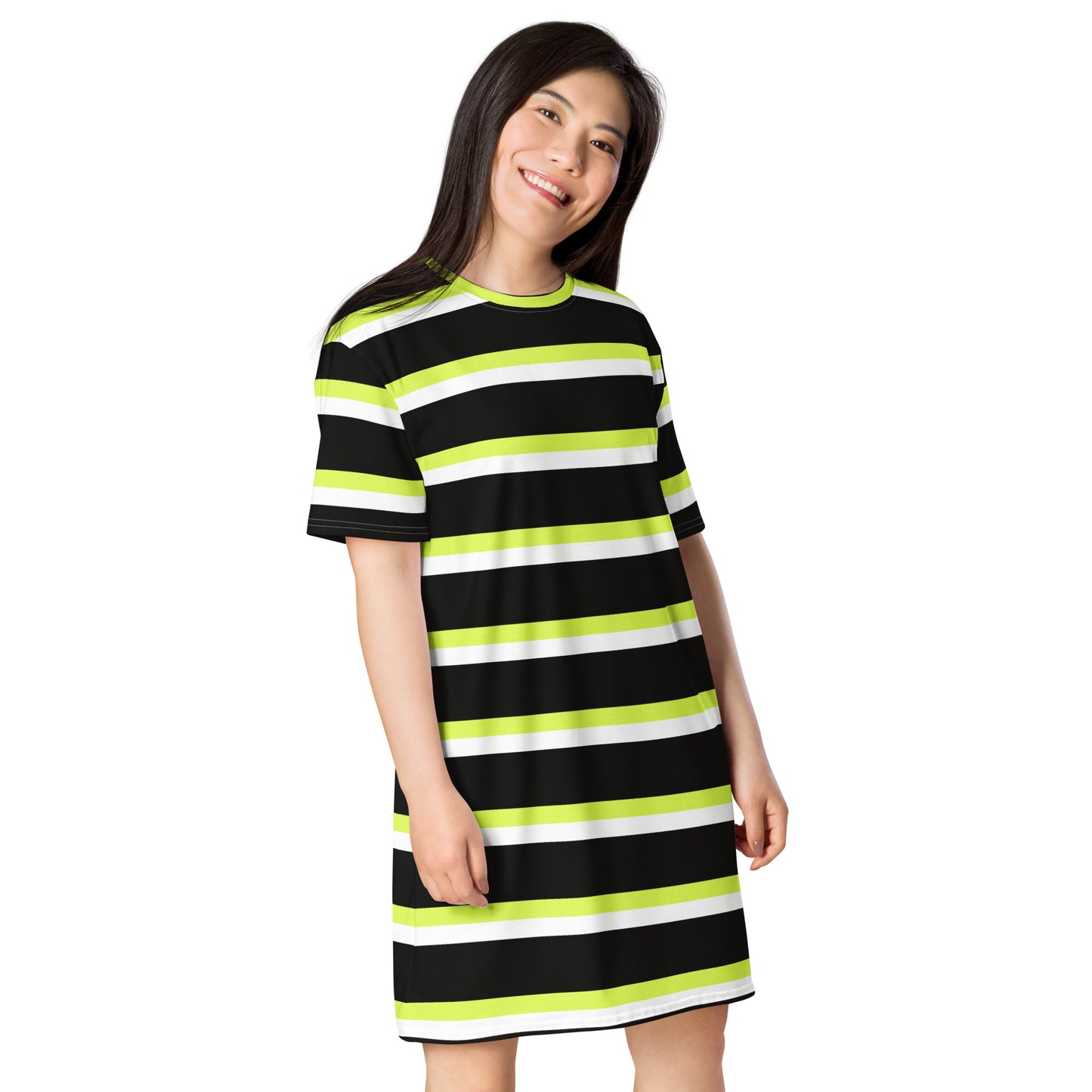 GIRLSTRONG SPORT T-SHIRT DRESS BLACK, WHITE & GREEN STRIPES