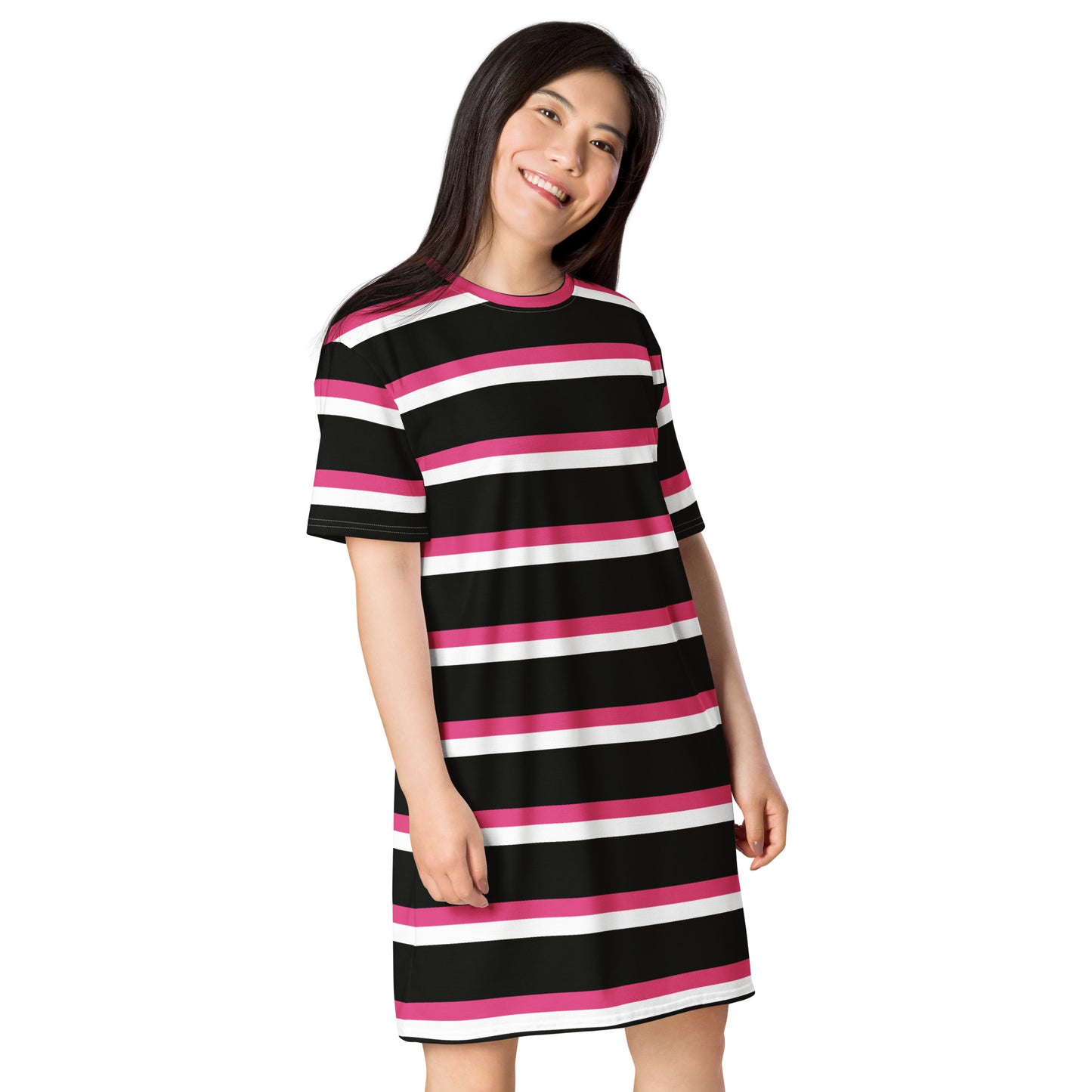 GIRLSTRONG SPORT T-SHIRT DRESS BLACK, PINK & WHITE SRIPES