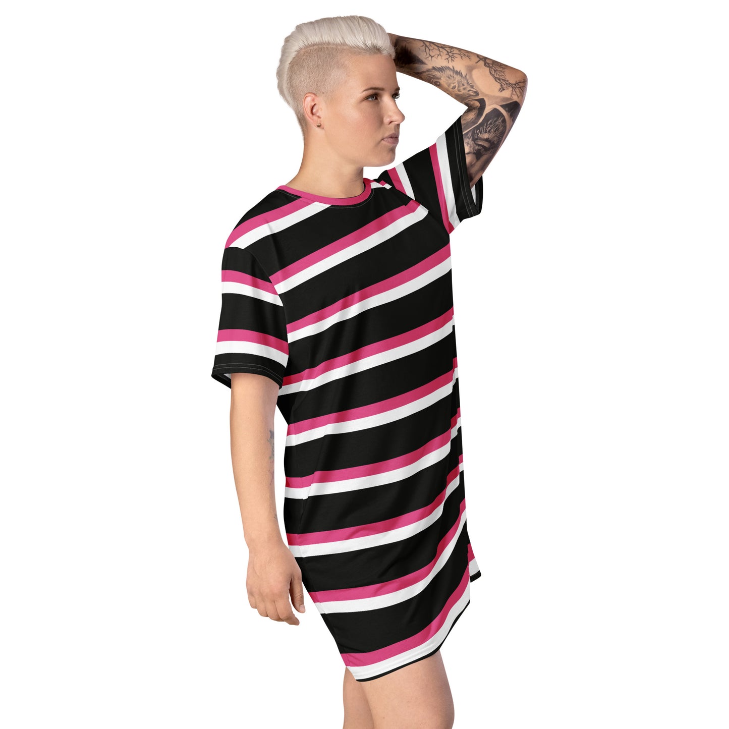GIRLSTRONG SPORT T-SHIRT DRESS BLACK, PINK & WHITE SRIPES