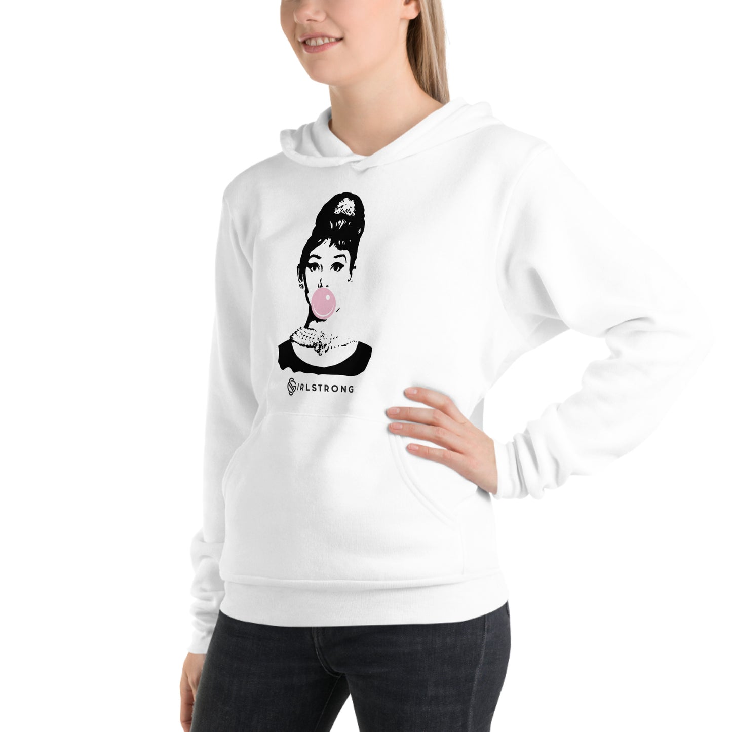 EVERYDAY GIRLSTRONG FLEECE UNISEX HOODIE WHITE - ICONIC AUDREY HEPBURN