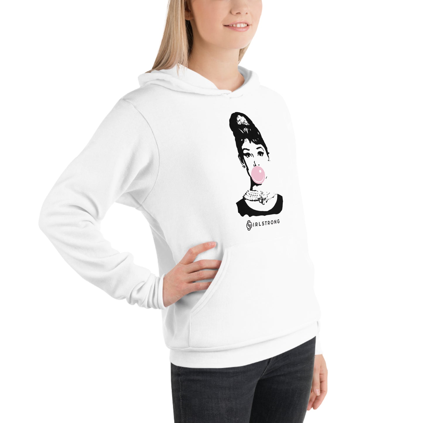 EVERYDAY GIRLSTRONG FLEECE UNISEX HOODIE WHITE - ICONIC AUDREY HEPBURN
