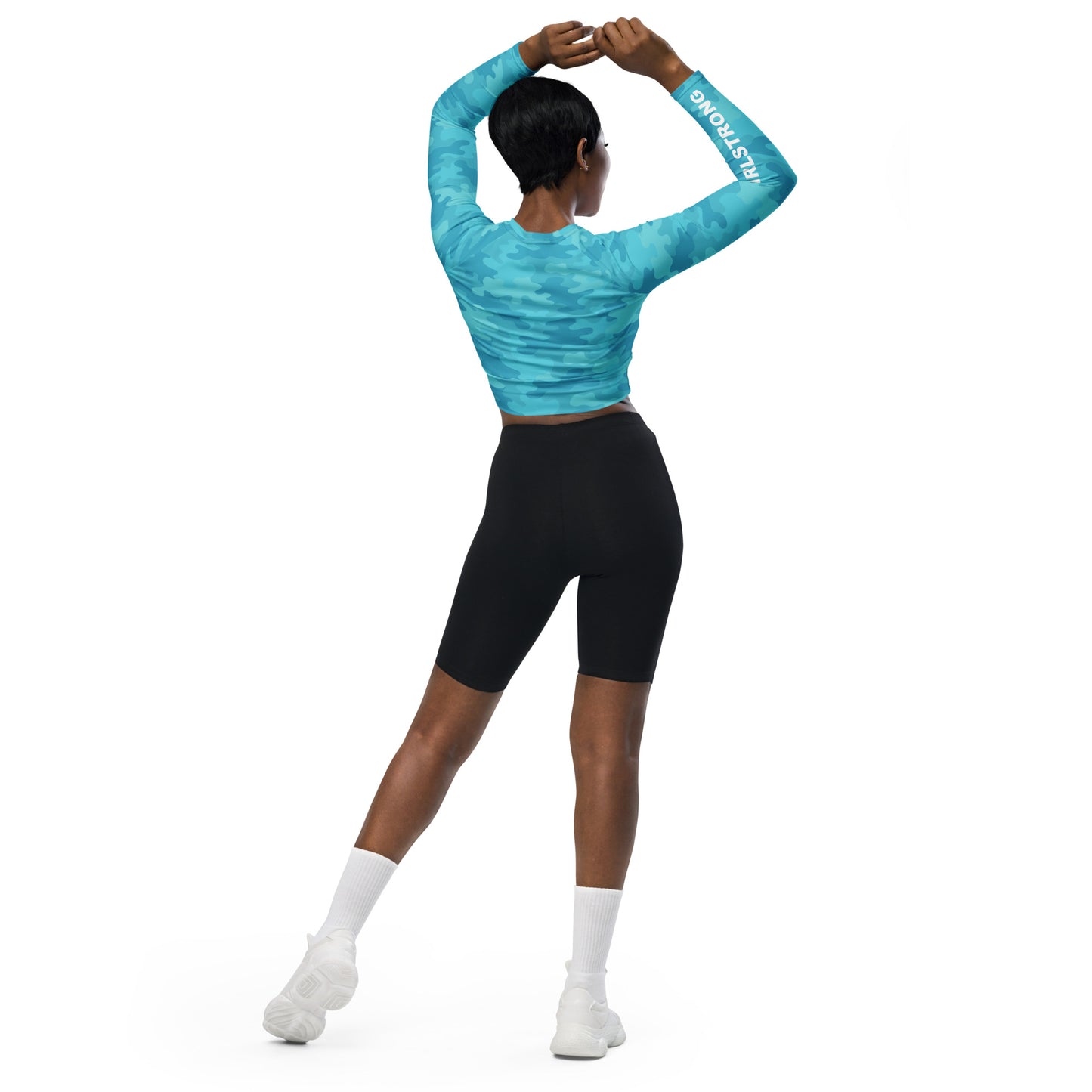 THE ESSENTIAL, SOFT  STRETCH, LONG SLEEVE FITTED CROP TOP THE POWER OF TURQUOISE CAMO