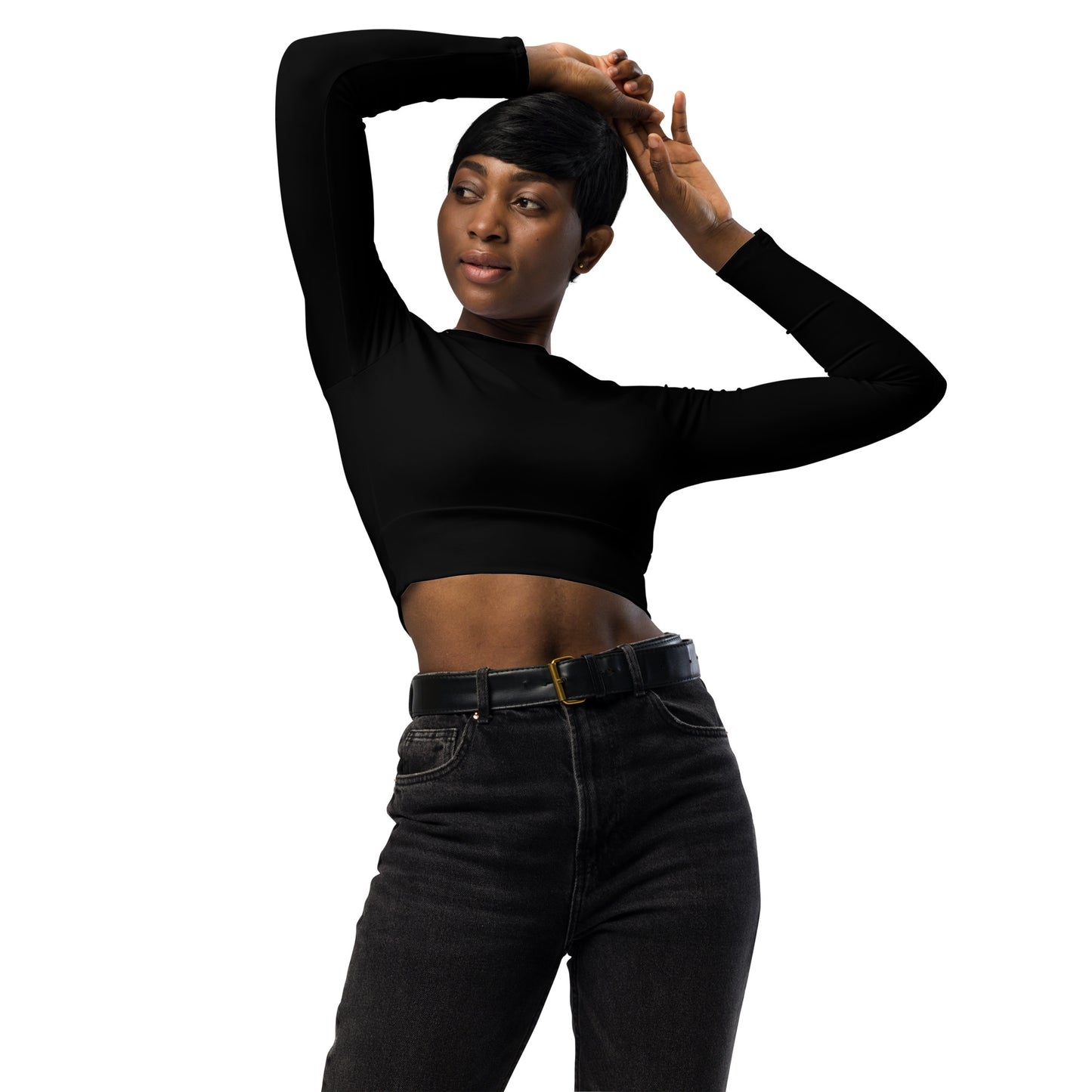 THE ESSENTIAL, SOFT STRETCH, LONG SLEEVE FITTED CROP TOP JETSET BLACK