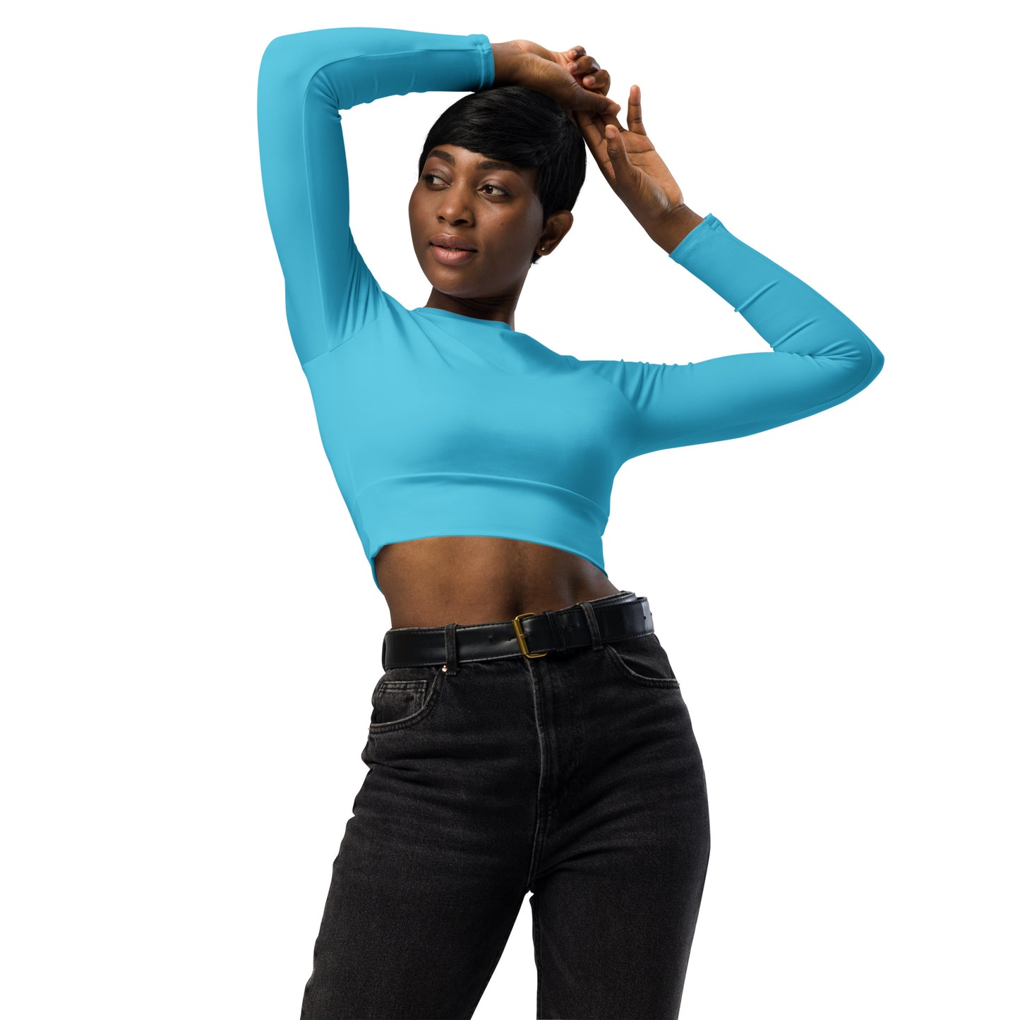 THE ESSENTIAL, SOFT STRETCH, LONG SLEEVE FITTED CROP TOP BRIGHT BLUE
