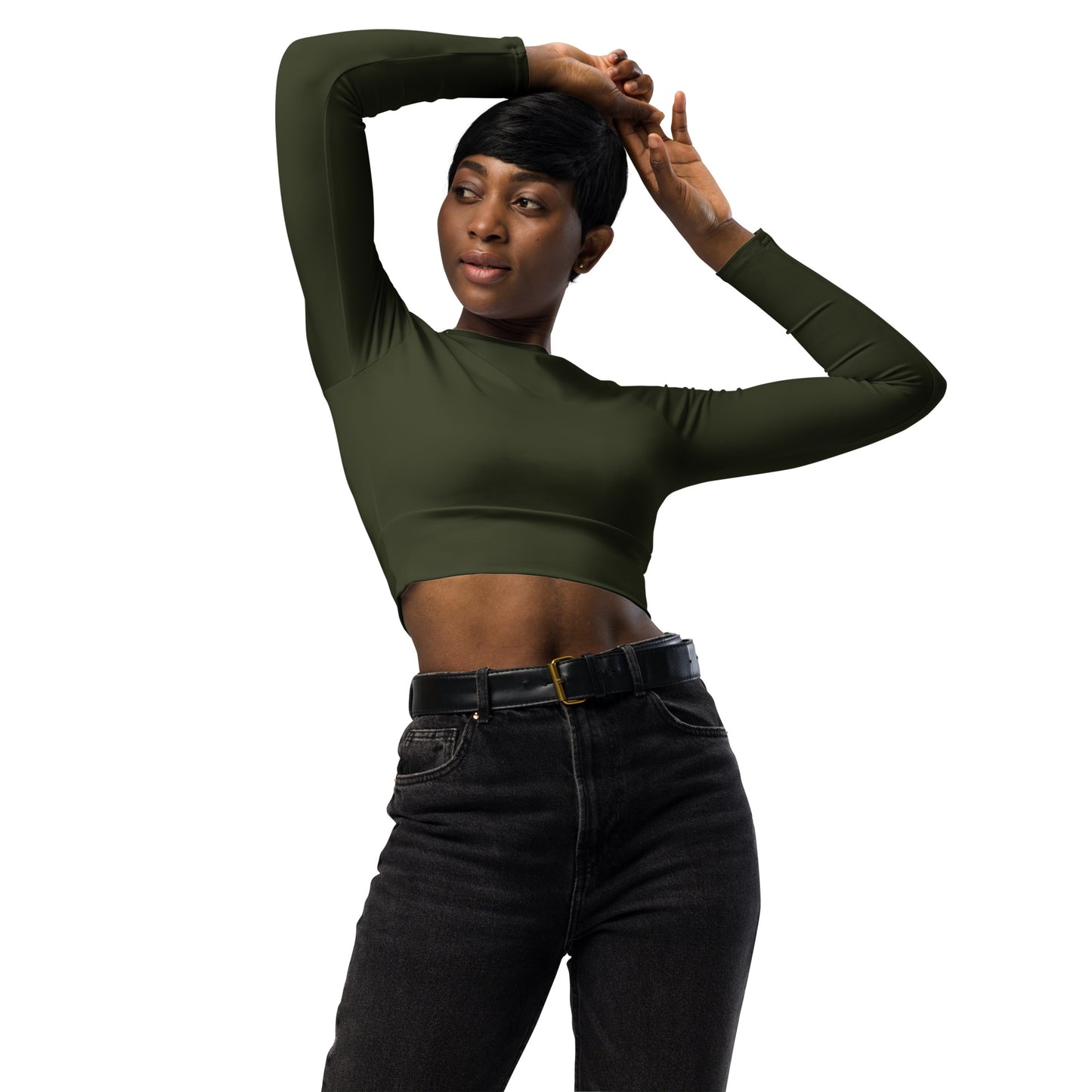 THE ESSENTIAL, SOFT STRETCH, LONG SLEEVE FITTED CROP TOP GS LOGO OLIVE