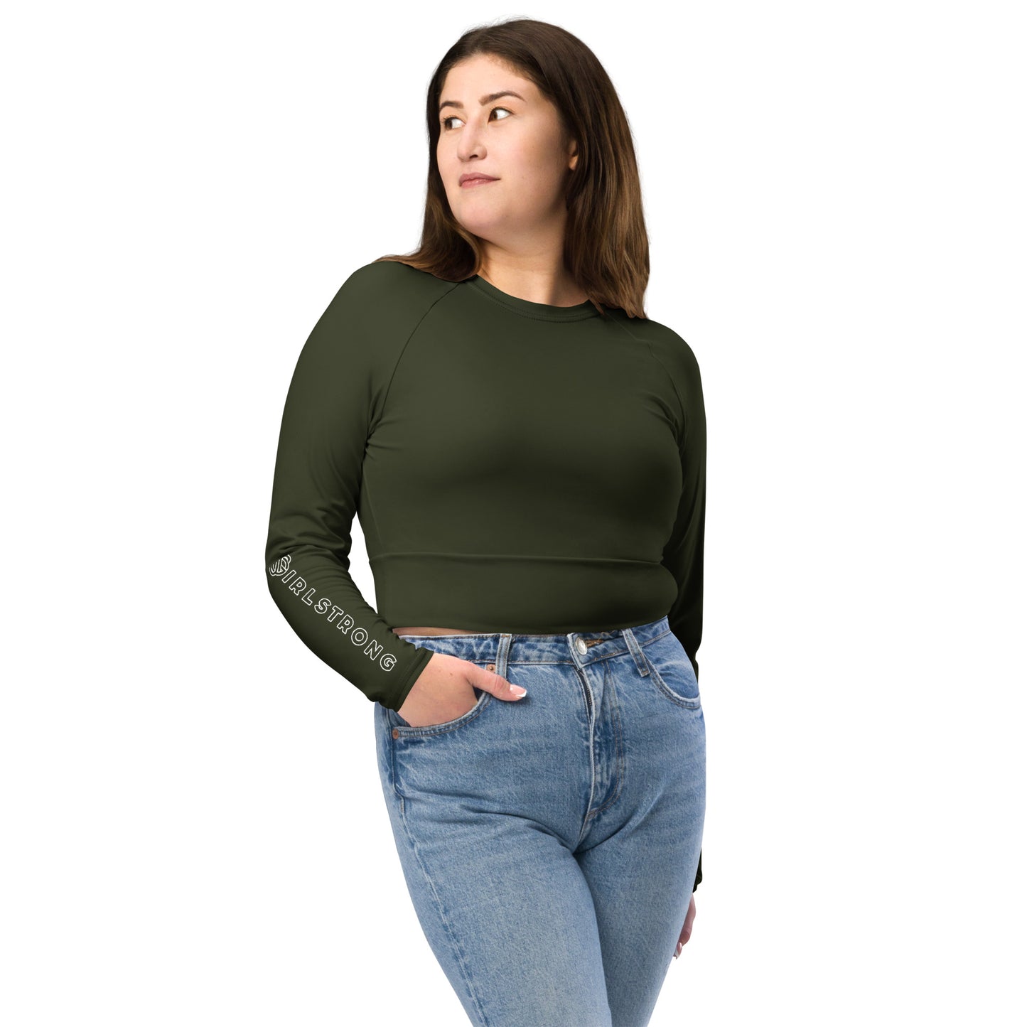 THE ESSENTIAL, SOFT STRETCH, LONG SLEEVE FITTED CROP TOP GS LOGO OLIVE
