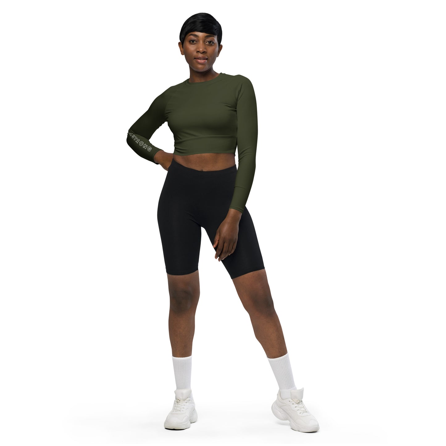 THE ESSENTIAL, SOFT STRETCH, LONG SLEEVE FITTED CROP TOP GS LOGO OLIVE