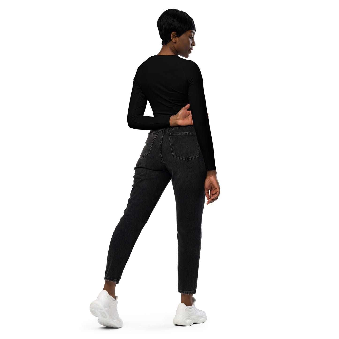 THE ESSENTIAL, SOFT STRETCH, LONG SLEEVE FITTED CROP TOP JETSET BLACK