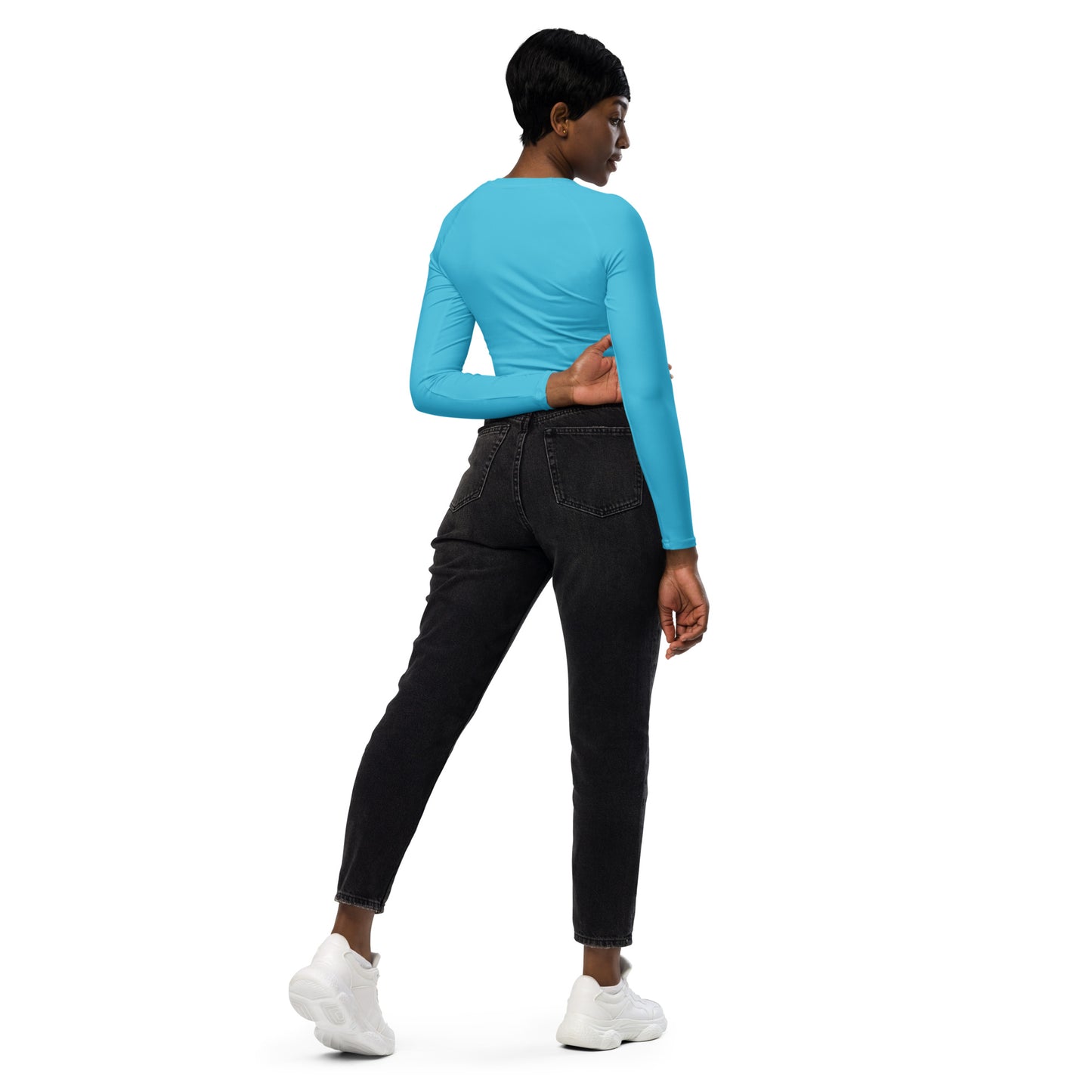 THE ESSENTIAL, SOFT STRETCH, LONG SLEEVE FITTED CROP TOP BRIGHT BLUE