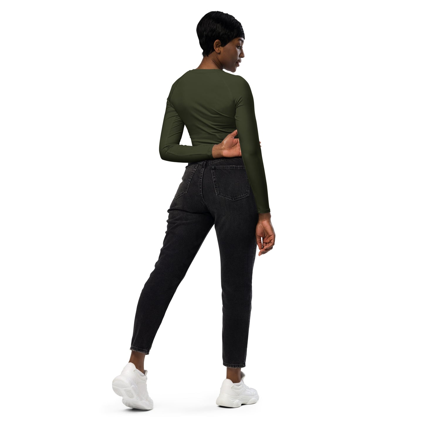 THE ESSENTIAL, SOFT STRETCH, LONG SLEEVE FITTED CROP TOP GS LOGO OLIVE