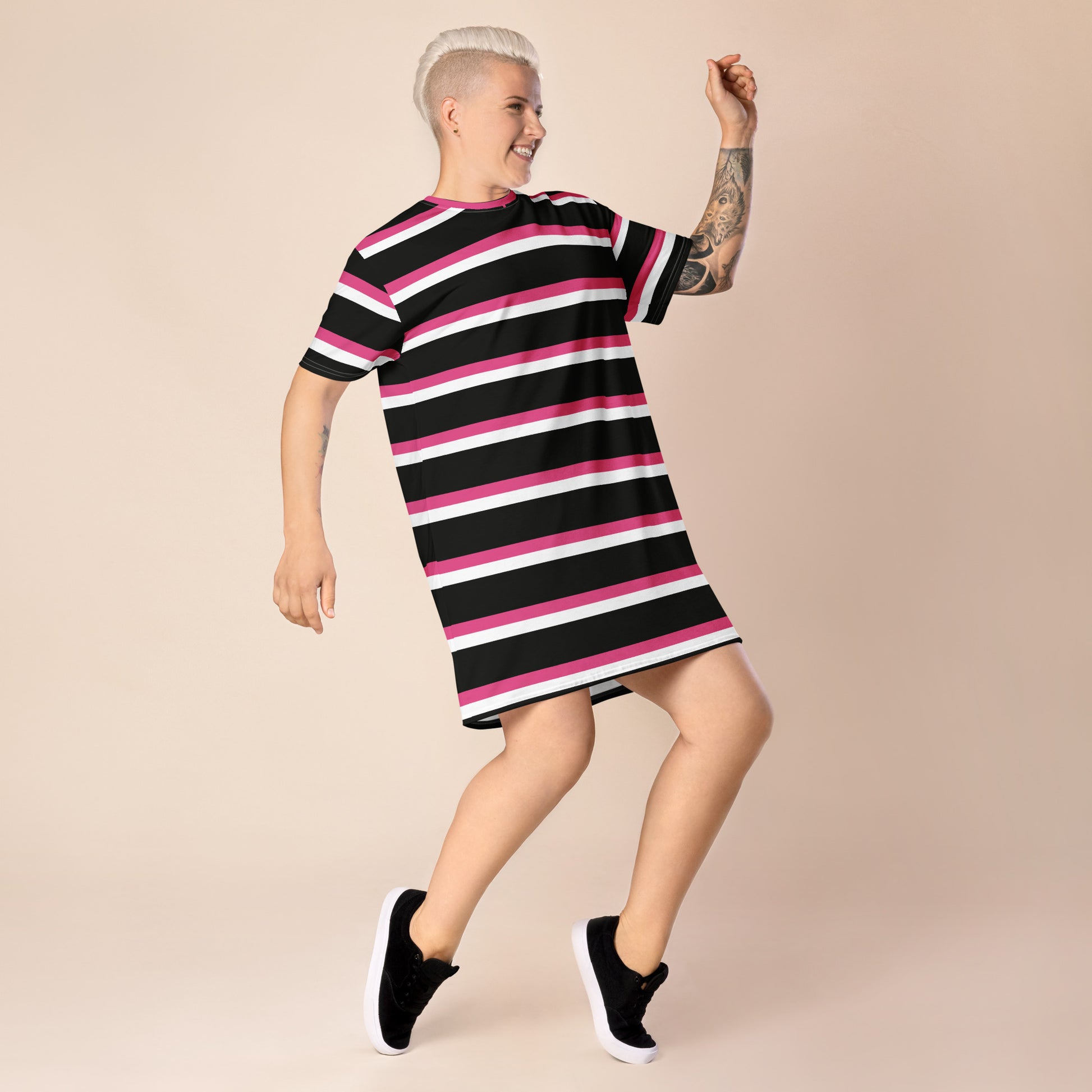 pink and black t shirt dress GIRLSTRONG SPORT T-SHIRT DRESS BLACK, PINK & WHITE SRIPES