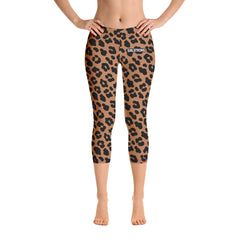 Woman wearing fashionable trendy leopard animal print capris-girlstronginc.com
