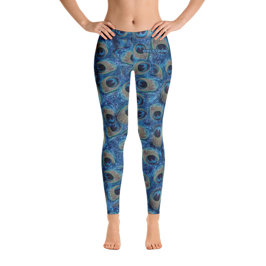 Woman wearing peacock print leggings for a fashionable look-girlstronginc.com