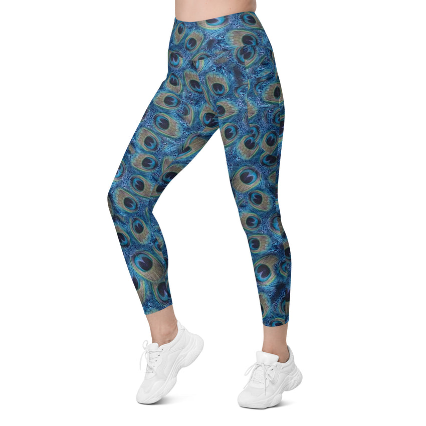 Trendy peacock print women's leggings with high waist and side pockets-girlstronginc.com