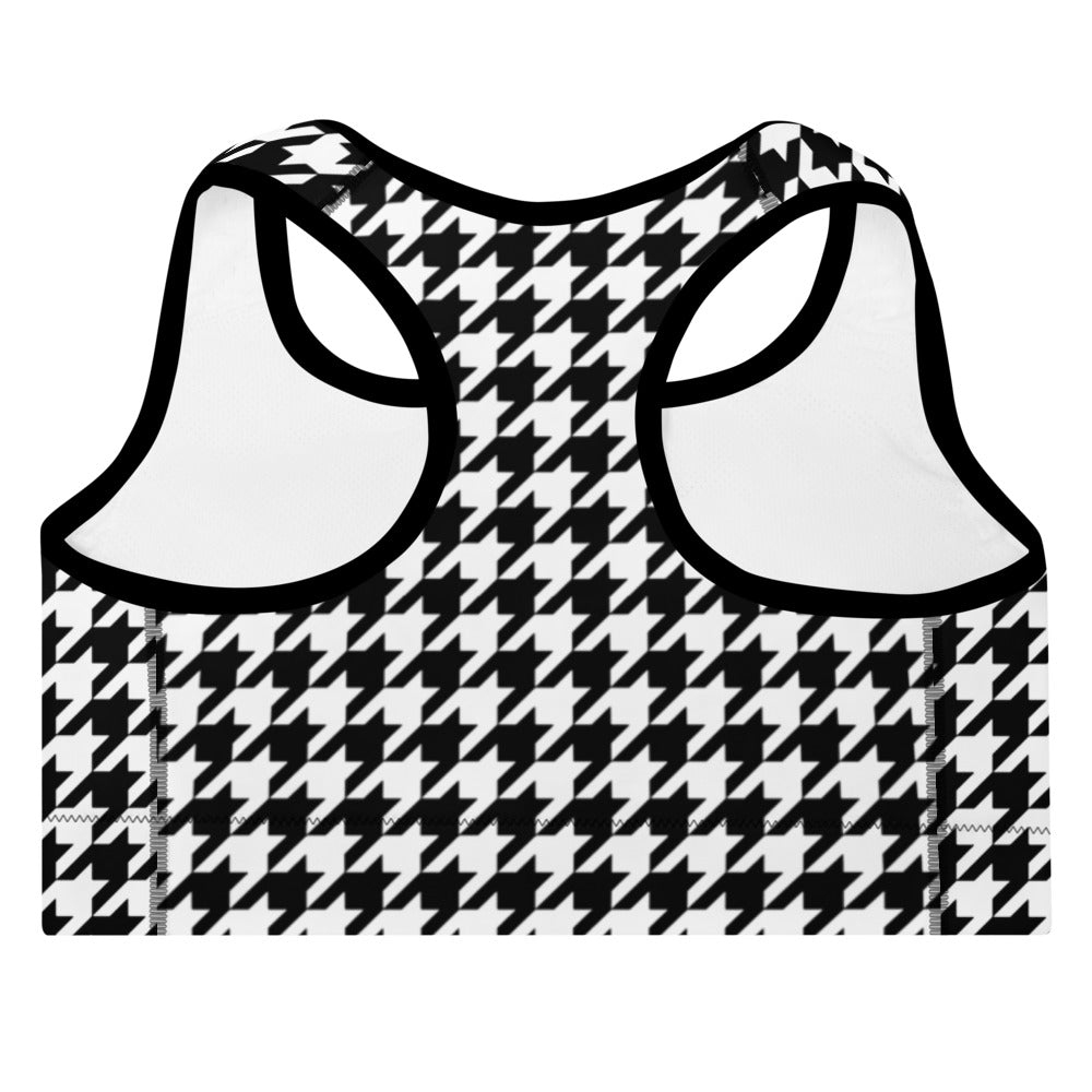 ELEVATED ESSENTIALS,THE PERFECT PADDED SPORTS BRA BLACK WHITE HOUNDSTOOTH