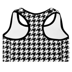 ELEVATED ESSENTIALS,THE PERFECT PADDED SPORTS BRA BLACK WHITE HOUNDSTOOTH