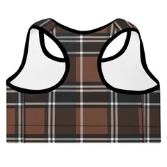 ELEVATED ESSENTIALS, THE PERFECT PADDED SPORTS BRA VINTAGE PLAID CHOCOLATE AND BLACK