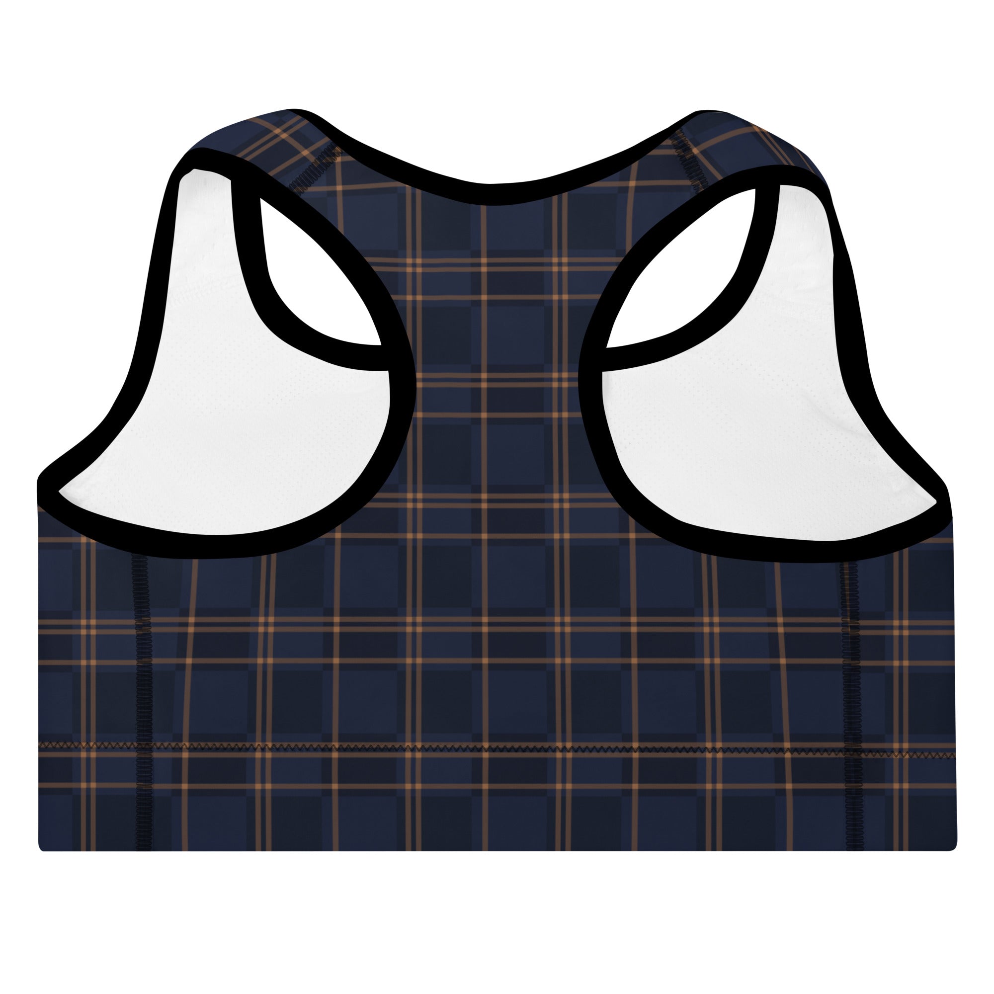 ELEVATED ESSENTIALS, THE PERFECT PADDED SPORTS BRA VINTAGE PLAID NAVY AND BLACK