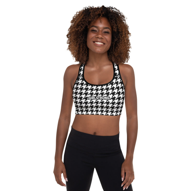 ELEVATED ESSENTIALS,THE PERFECT PADDED SPORTS BRA BLACK WHITE HOUNDSTOOTH