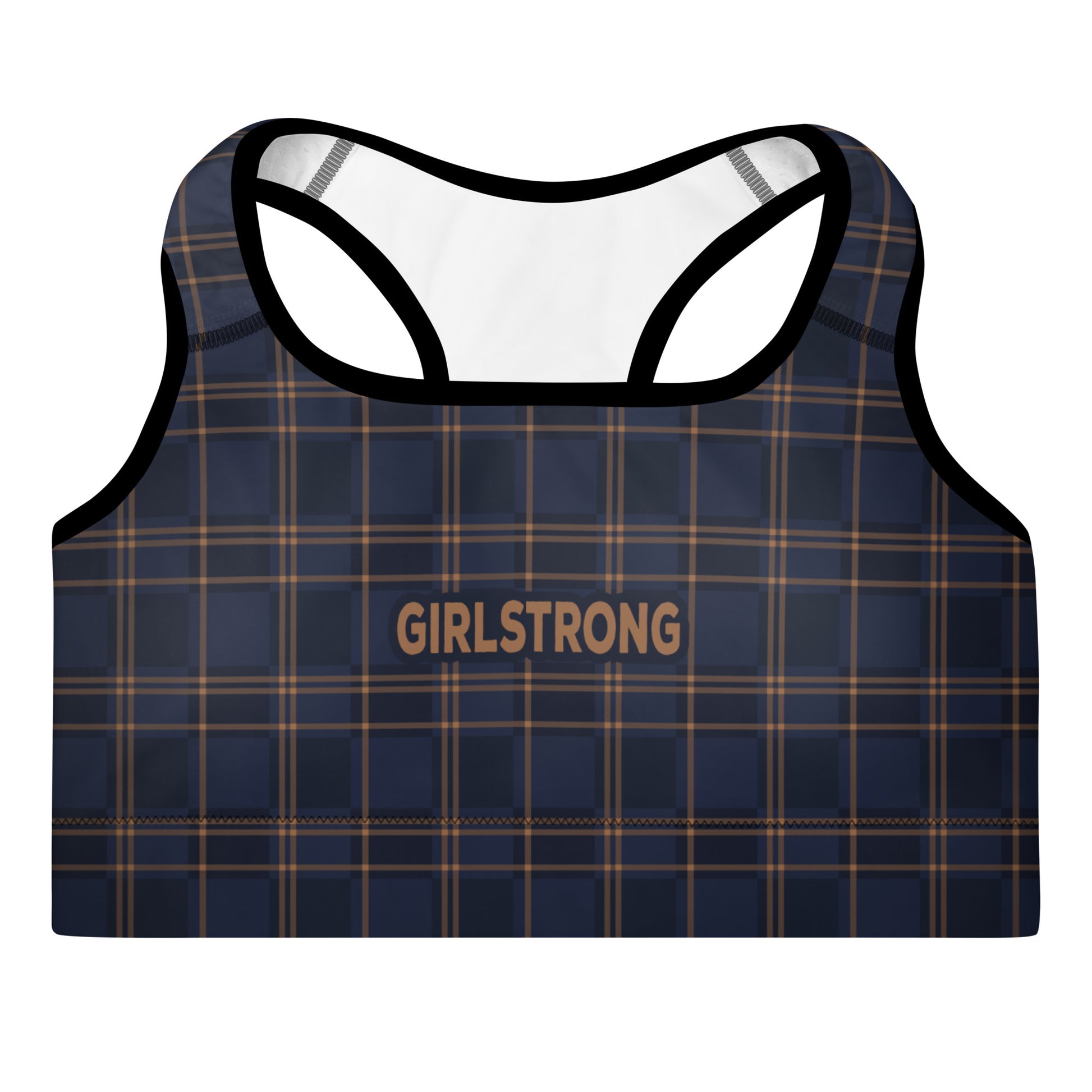 ELEVATED ESSENTIALS, THE PERFECT PADDED SPORTS BRA VINTAGE PLAID NAVY AND  BLACK