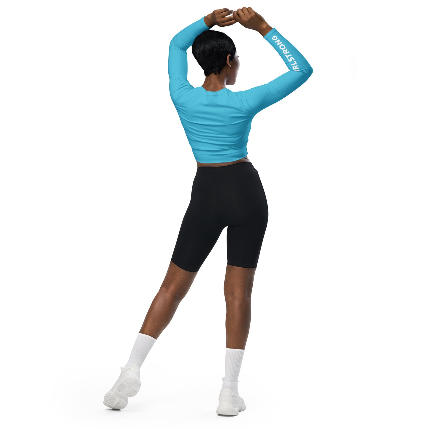 THE ESSENTIAL, SOFT STRETCH, LONG SLEEVE FITTED CROP TOP BRIGHT BLUE