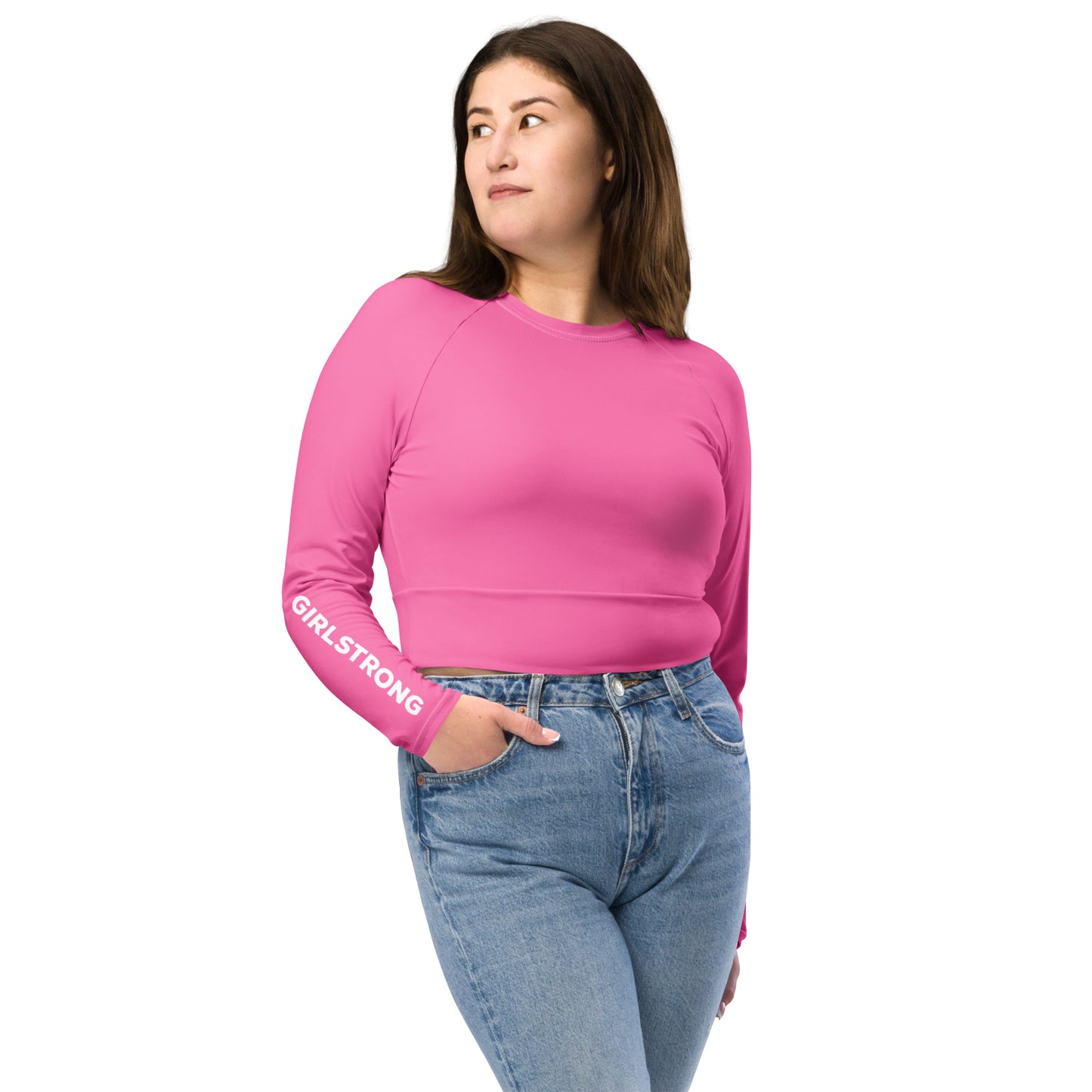 THE ESSENTIAL, SOFT STRETCH, LONG SLEEVE FITTED CROP TOP BRIGHT PINK