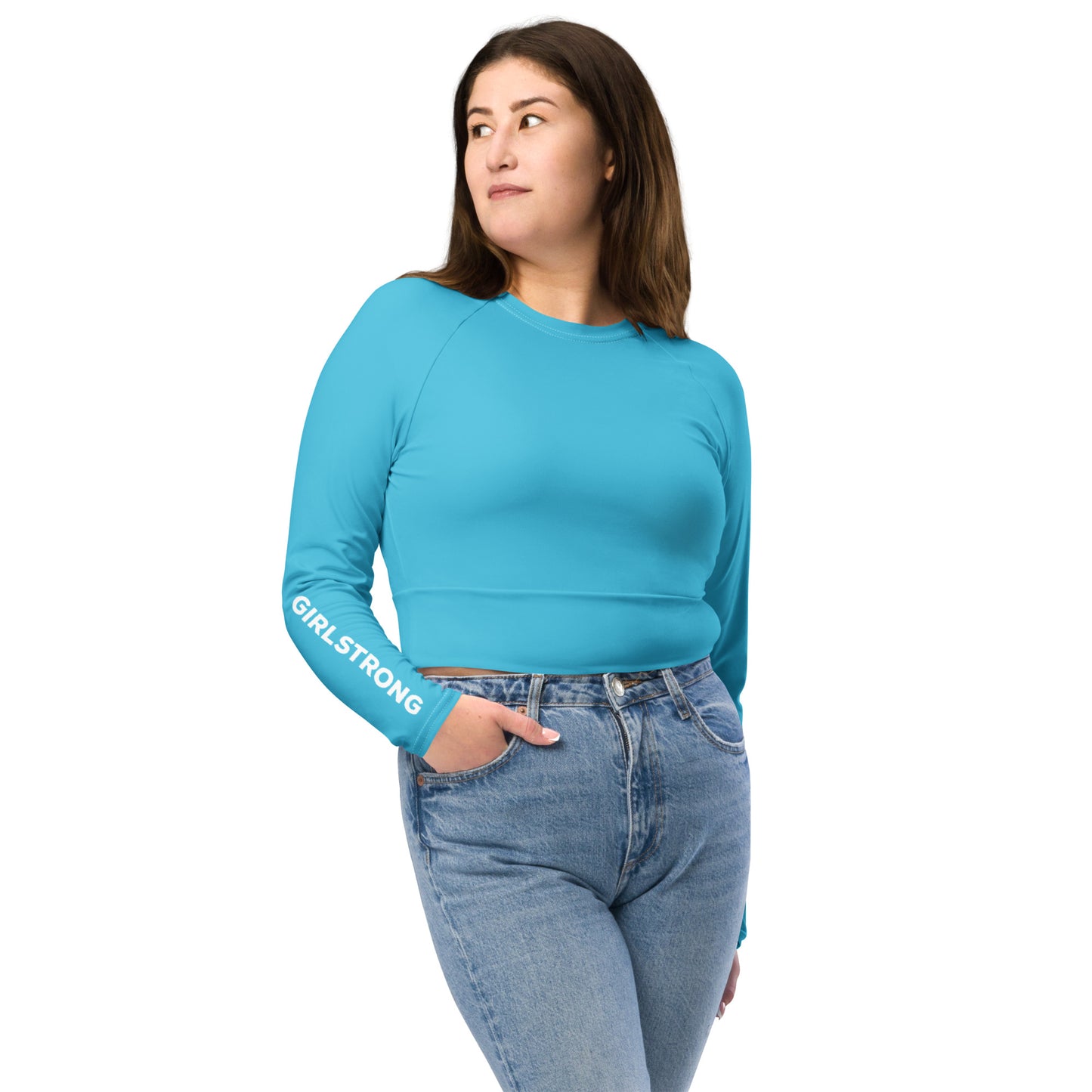 THE ESSENTIAL, SOFT STRETCH, LONG SLEEVE FITTED CROP TOP BRIGHT BLUE