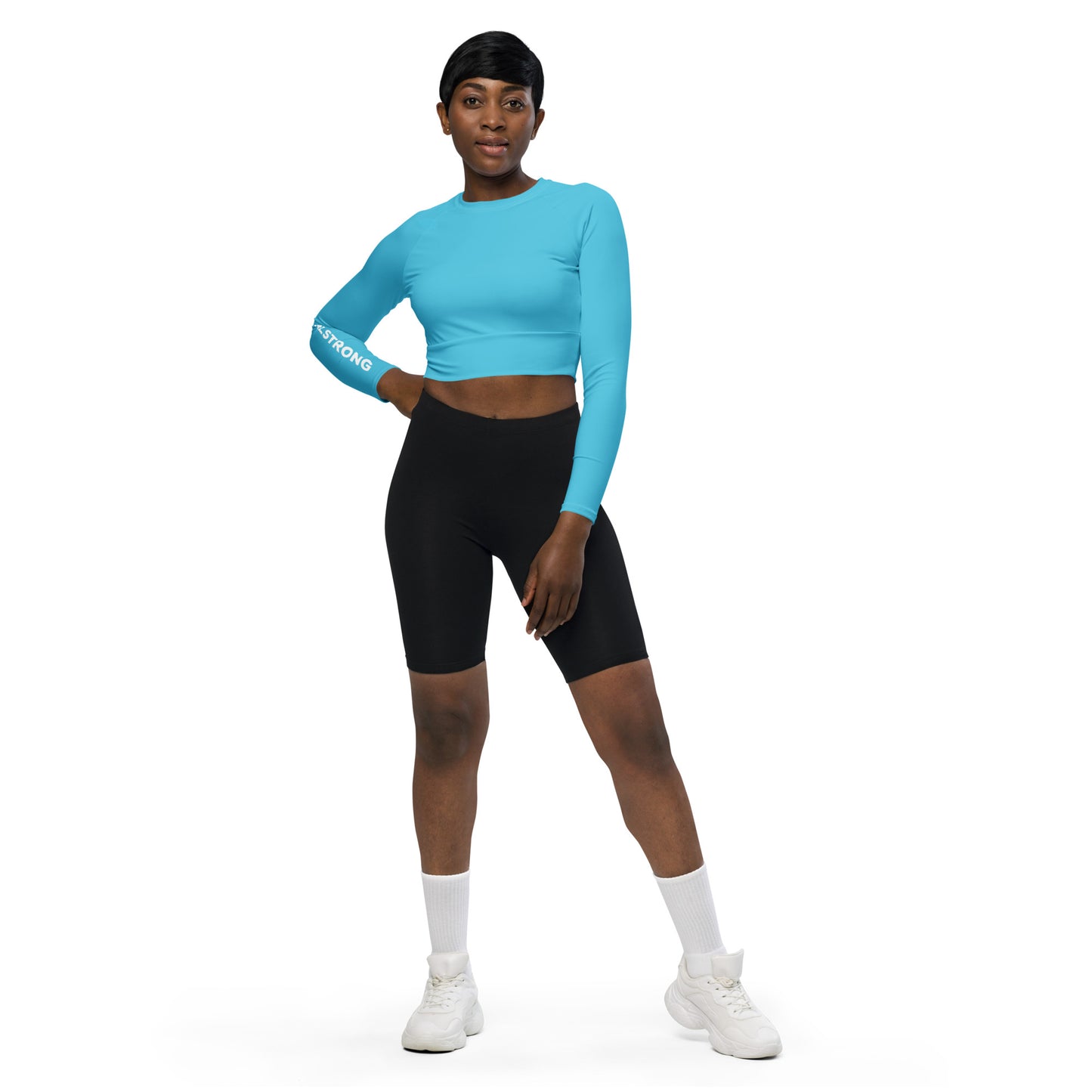 THE ESSENTIAL, SOFT STRETCH, LONG SLEEVE FITTED CROP TOP BRIGHT BLUE