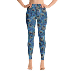 High waisted peacock print leggings for women - Stylish activewear with a captivating design-girlstronginc.com