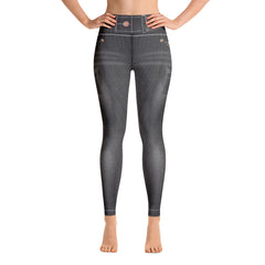 Trendy high waisted leggings with denim pattern - Fashion-forward workout attire-girlstronginc.com